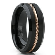 Metal Masters Men's Black Tungsten Carbide Wedding Band Ring Rose Gold Tone Steel Cable Inlay 7.5