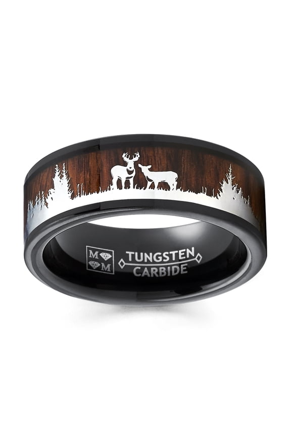 Mens Black Tungsten Hunting Ring Wedding Band Wood Deer Nature 8mm