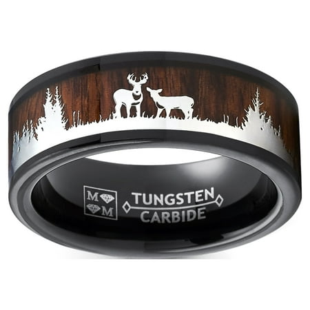 Metal Masters Men's Black Tungsten Hunting Ring Wedding Band Wood Deer Nature 8MM
