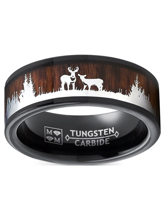 Mens Hunting Ring Wood Deer Nature Tungsten Wedding Band Black 8MM