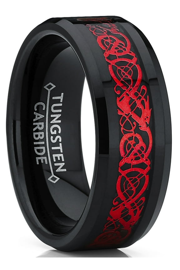 Mens Black Tungsten Red Dragon Ring Wedding Band Carbon Fiber Comfort-Fit 8mm 10