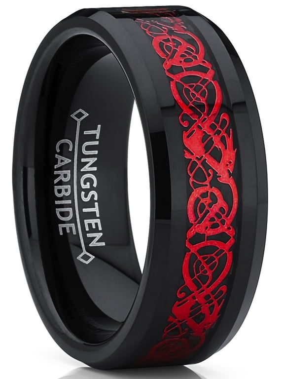 Mens Black Tungsten Red Dragon Ring Wedding Band Carbon Fiber Comfort-Fit 8mm 10