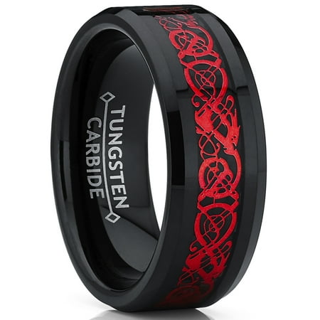 Metal Masters Mens Black Tungsten Red Dragon Ring Wedding Band Carbon Fiber Comfort-Fit 8mm 12