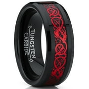 Metal Masters Mens Black Tungsten Red Dragon Ring Wedding Band Carbon Fiber Comfort-Fit 8mm 8
