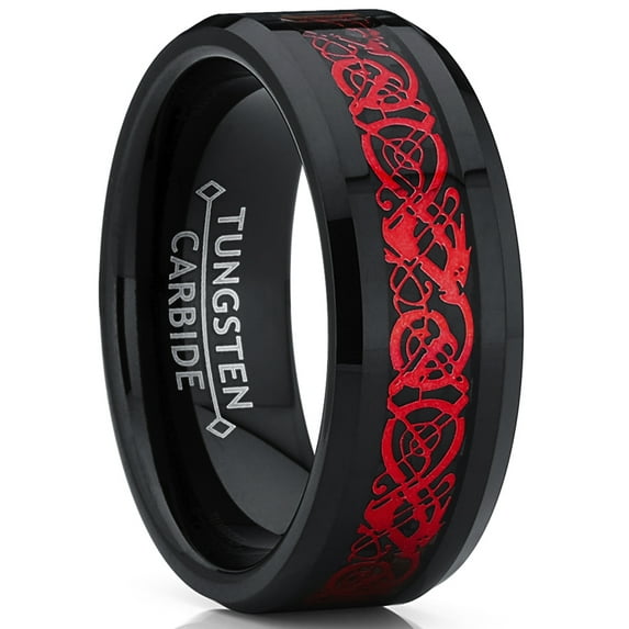 Metal Masters Mens Black Tungsten Red Dragon Ring Wedding Band Carbon Fiber Comfort-Fit 8mm