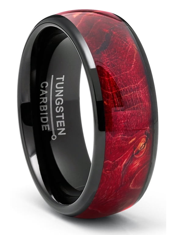 Mens Black Tungsten Ring Wedding Band Red Wood Burl 8mm Comfort-Fit
