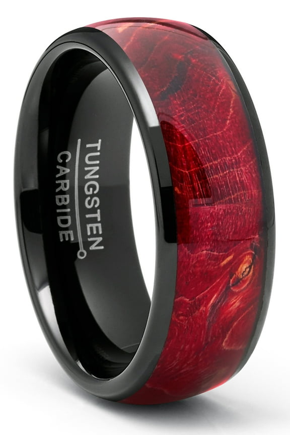 Mens Black Tungsten Ring Wedding Band Red Wood Burl 8mm Comfort-Fit