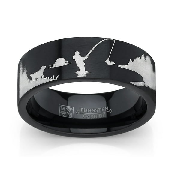 Metal Masters Mens Black Tungsten Trout Lake Fly Fishing Enthusiasts Ring Outdoor Scenery Band 8mm 10.5