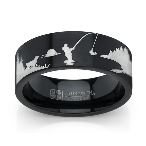 Metal Masters Mens Black Tungsten Trout Lake Fly Fishing Enthusiasts Ring Outdoor Scenery Band 8mm 9.5