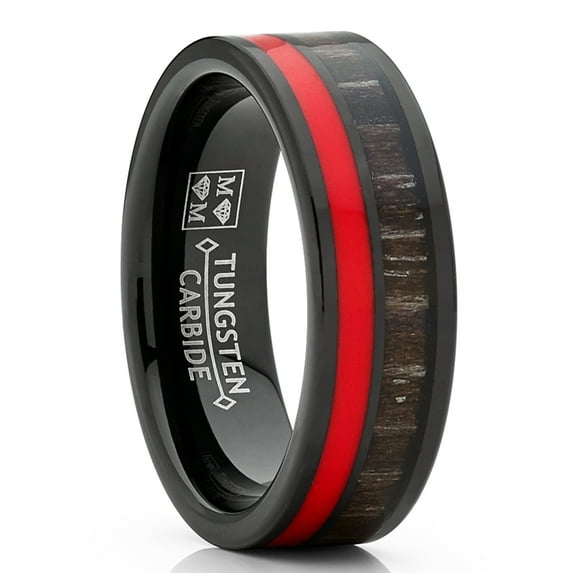 Metal Masters Mens Black Tungsten Wedding Band Ring Dark Zebra Wood Red Line 7mm Unisex Comfort-Fit 12.5