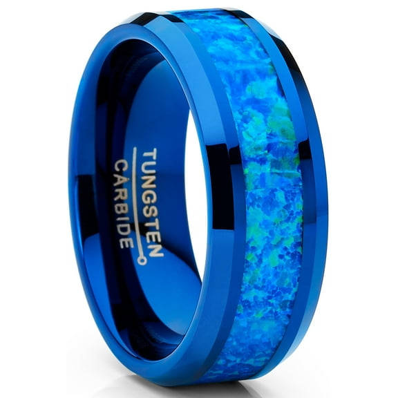 Metal Masters Mens Blue Green Crushed Opal Tungsten Wedding Band Ring Comfort-Fit 8mm