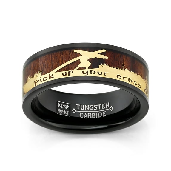 Metal Masters Mens Christian Tungsten Ring Jesus Carrying Cross Bible Verse Wood Inlay 8mm