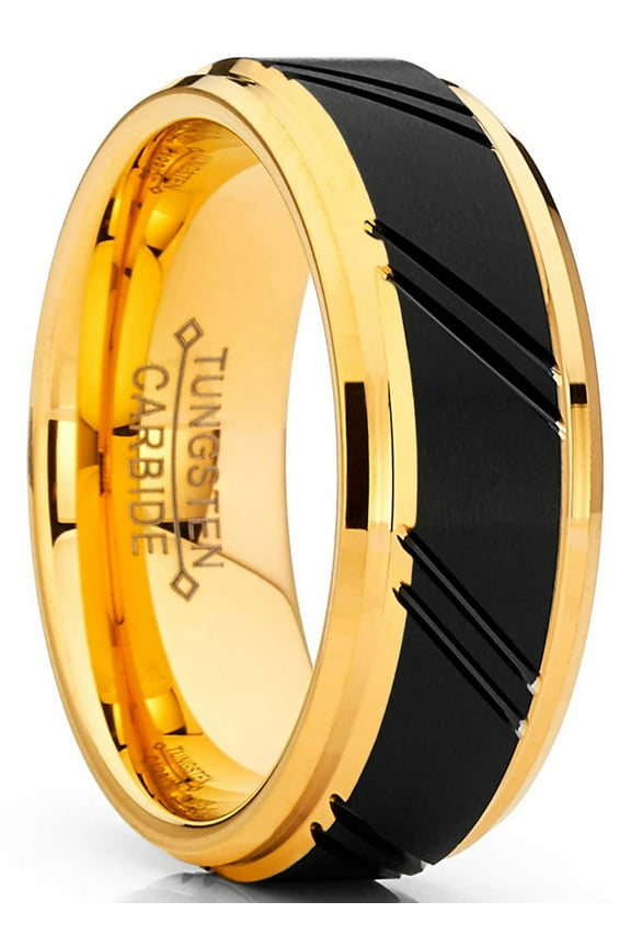 Mens Duo Tungsten Carbide Wedding Band Black Goldtone Ring Comfort-Fit 8mm 10.5