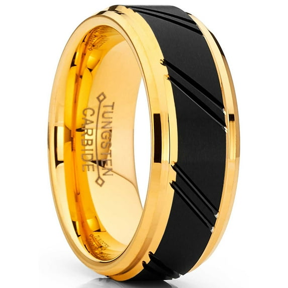 Metal Masters Mens Duo Tungsten Carbide Wedding Band Black Goldtone Ring Comfort-Fit 8mm 14