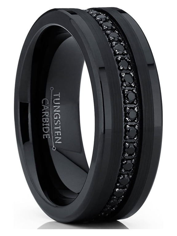 Mens Tungsten Wedding Band Eternity Ring Black Cubic Zirconia Comfort-Fit 8MM