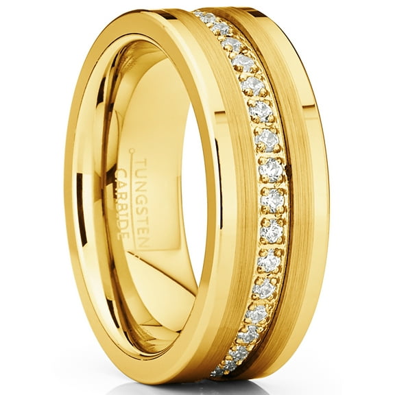 Metal Masters Mens Goldtone Tungsten Ring Wedding Band Cubic Zirconia Comfort-Fit 8mm