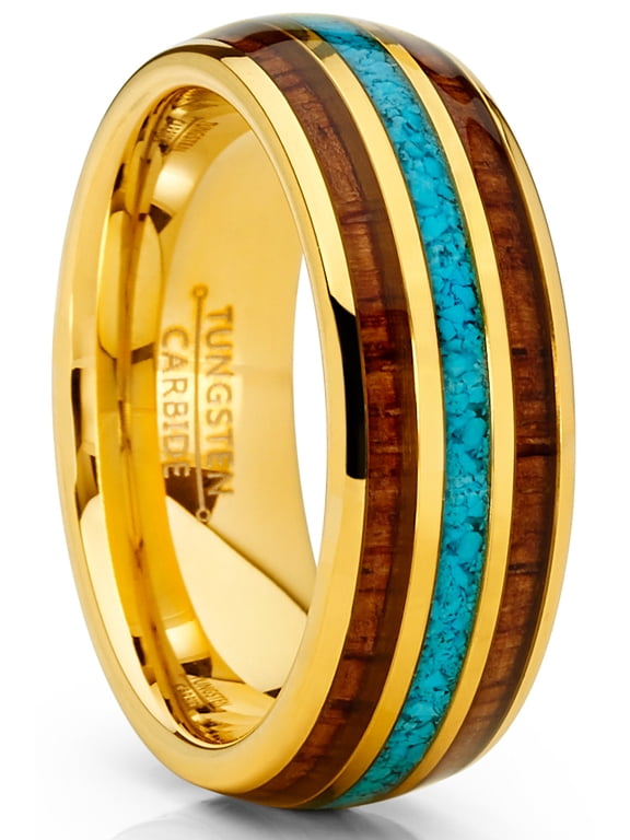 Mens Goldtone Tungsten Wedding Band Engagement Ring Koa Wood Crushed Turquoise 8mm