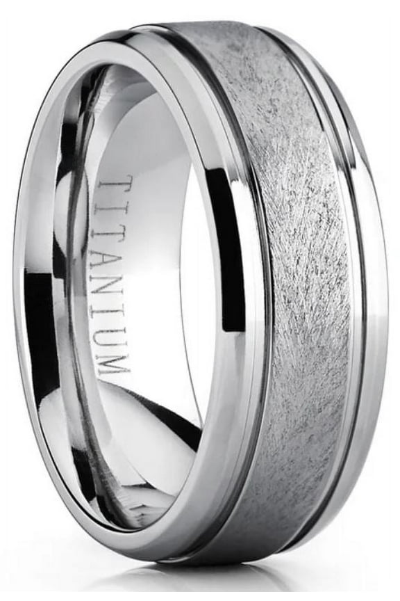 Mens Grooved Titanium Wedding Band Ring Textured Brushed Finish 8mm