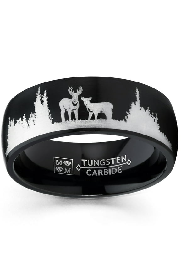 Mens Hunting Ring Black Tungsten Wedding Band Deer Nature Outdoors 8mm