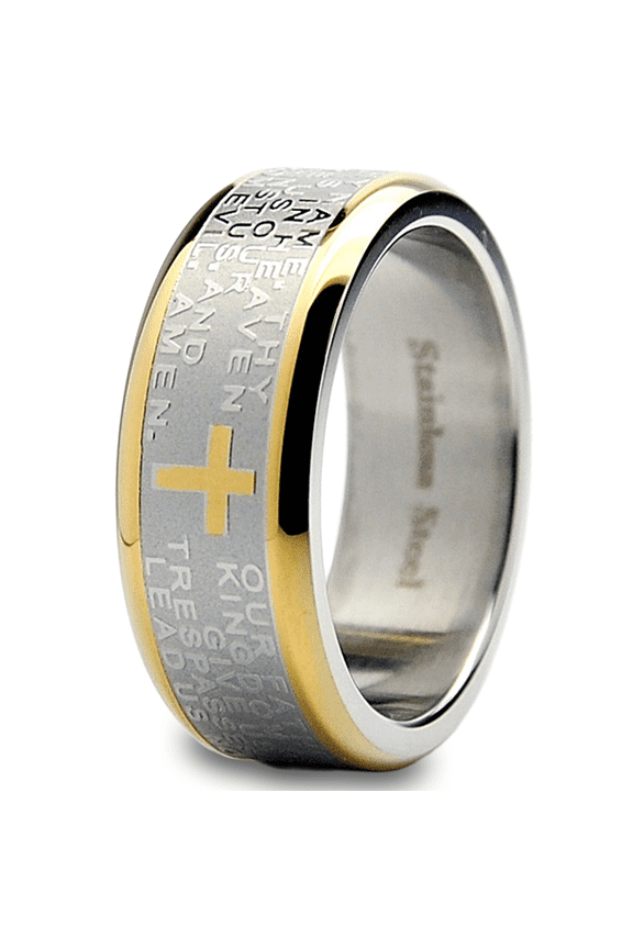 Mens Lord's Prayer Ring Christian Cross Stainless Steel 8mm Goldtone