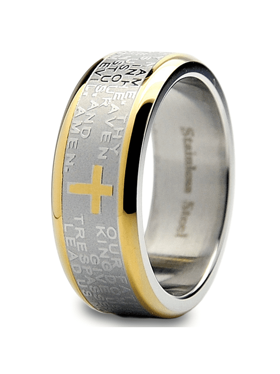 Men's Lord's Prayer Ring Christian Cross Ring Band Stainless Steel 8MM Goldtone Sizes 7-12