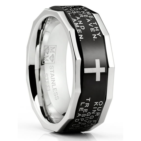 Metal Masters Mens Lords Prayer Stainless Steel Ring Christian Cross Bible Two-Tone