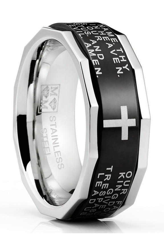 Mens Lords Prayer Stainless Steel Ring Christian Cross Bible Two-Tone