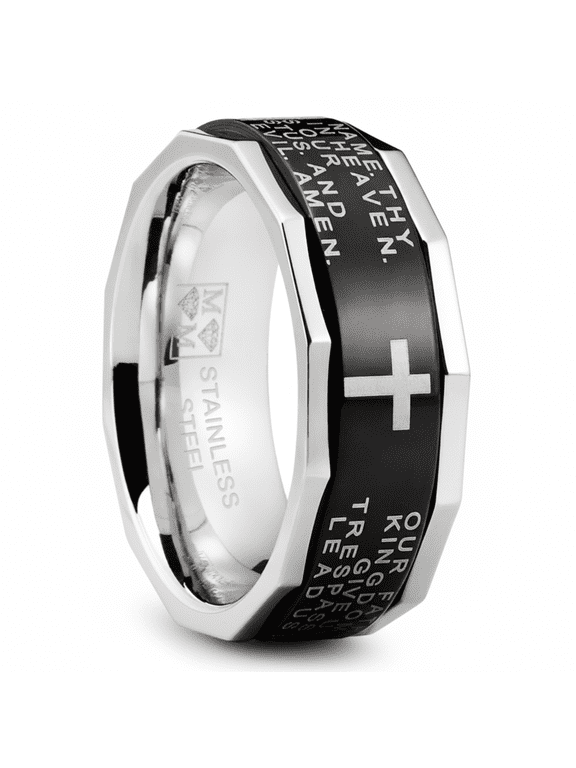 Mens Lords Prayer Stainless Steel Ring Christian Cross Bible Two-Tone