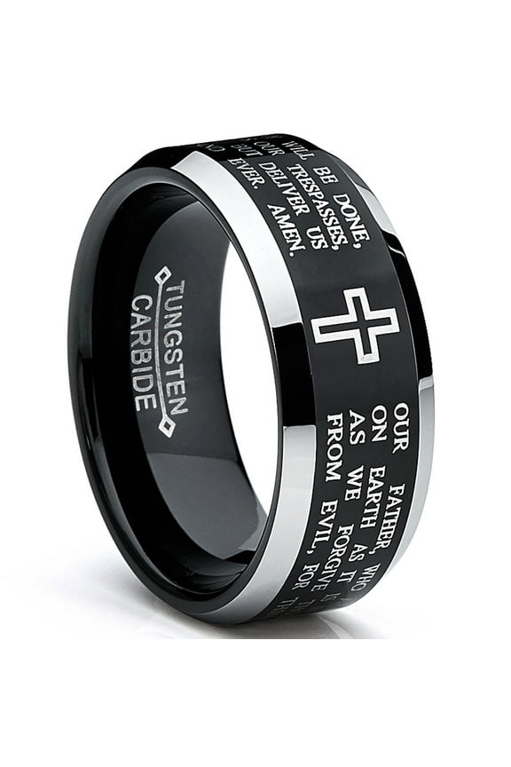 Mens Lords Prayer Tungsten Ring Christian Cross Wedding Band Black 8mm