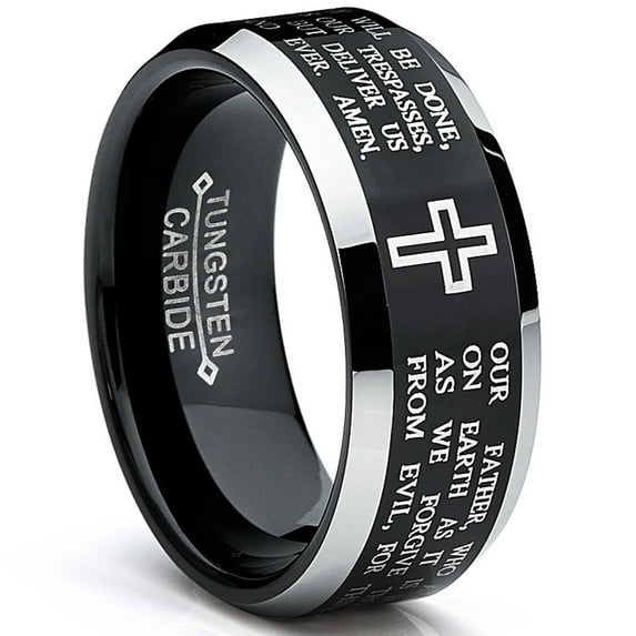 Metal Masters Mens Lords Prayer Tungsten Ring Christian Cross Wedding Band Black 8mm