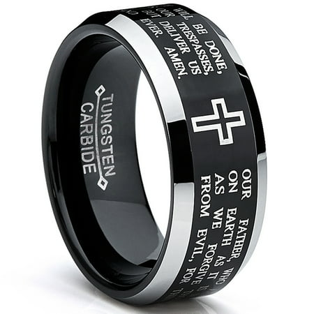 Metal Masters Mens Lords Prayer Tungsten Ring Christian Cross Wedding Band Black 8mm