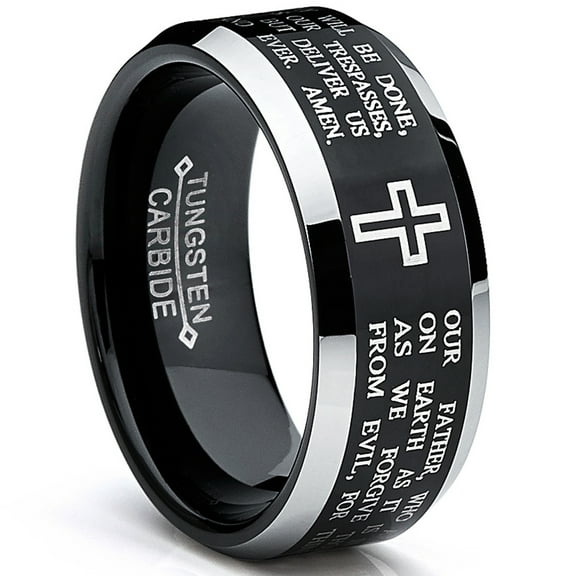 Metal Masters Mens Lords Prayer Tungsten Ring Christian Cross Wedding Band Black 8mm