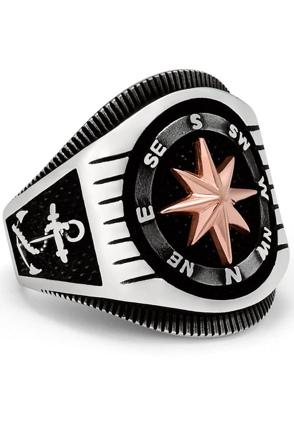Mens Nautical Compass Sailing Ring 925 Sterling Silver Black Helm Anchor 23mm