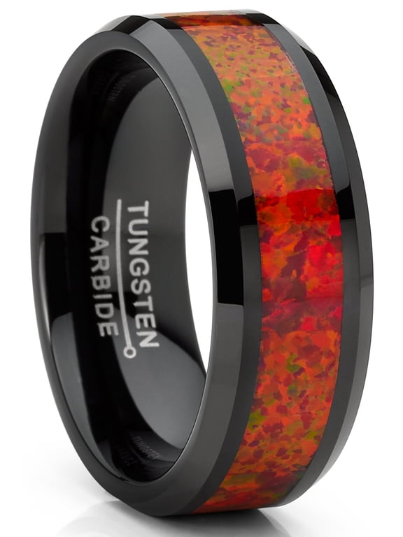 Mens Red Fire Crushed Opal Tungnsten Wedding Band Ring Black 8mm Comfort-Fit