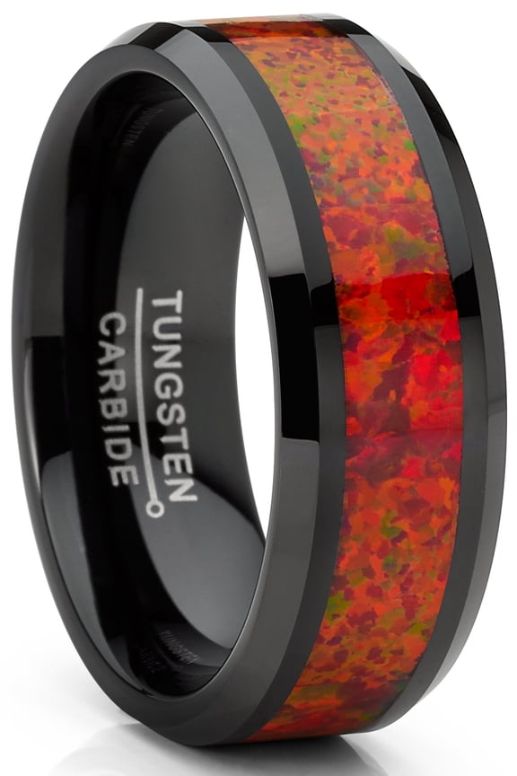 Mens Red Fire Crushed Opal Tungnsten Wedding Band Ring Black 8mm Comfort-Fit