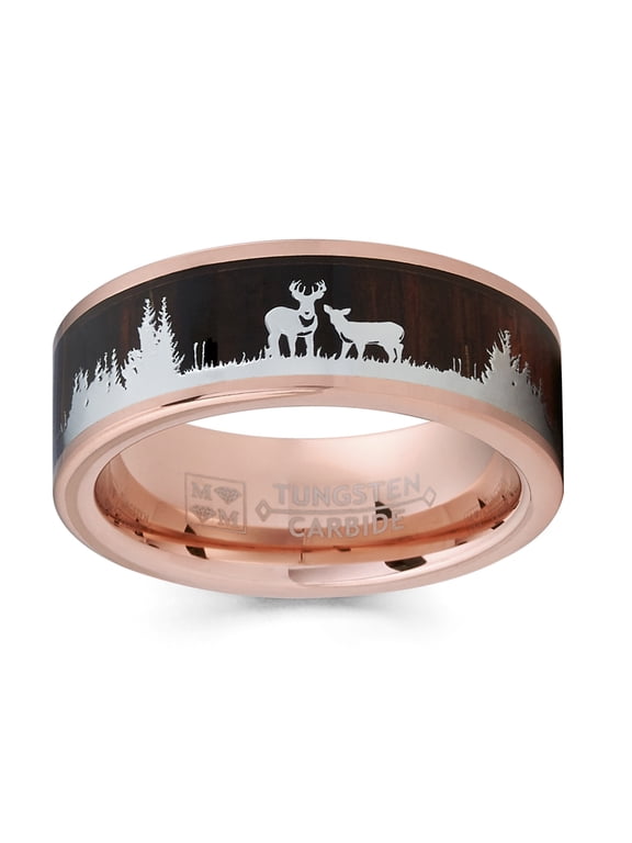 Mens Rose Goldtone Tungsten Hunting Ring Wedding Band Wood Inlay Deer Stag Silhouette 10.5