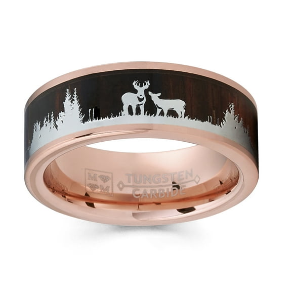 Metal Masters Mens Rose Goldtone Tungsten Hunting Ring Wedding Band Wood Inlay Deer Stag Silhouette 12.5