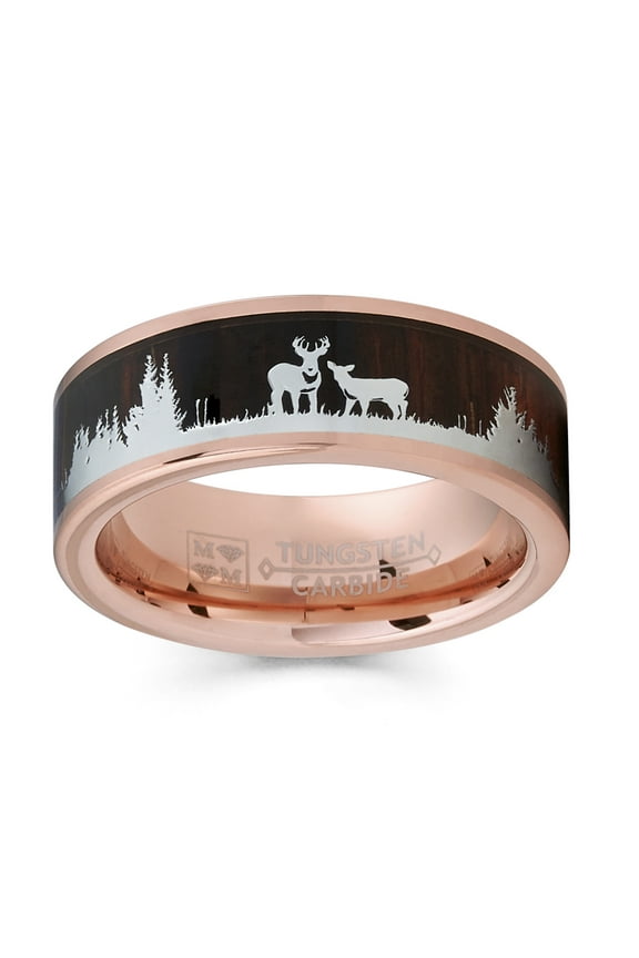 Mens Rose Goldtone Tungsten Hunting Ring Wedding Band Wood Inlay Deer Stag Silhouette 7