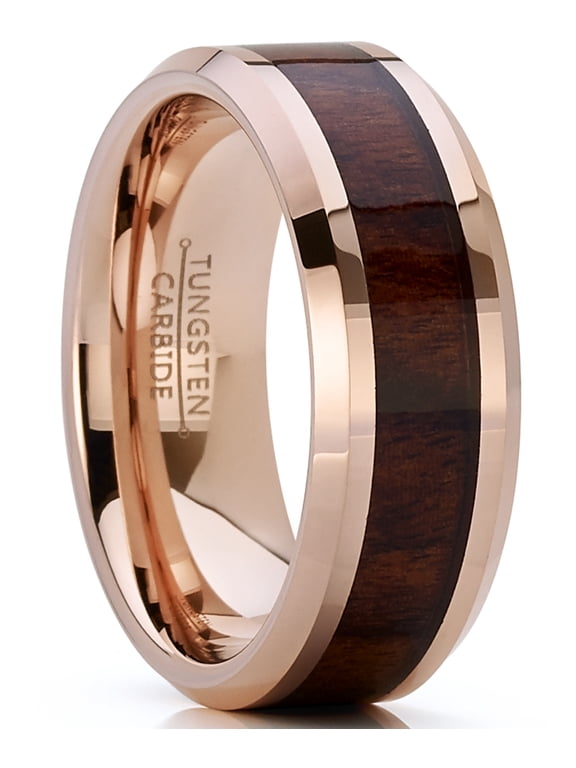 Mens Rosetone Tungsten Carbide Wedding Band Engagement Ring Wood Inlay Comfort-Fit 8mm 10