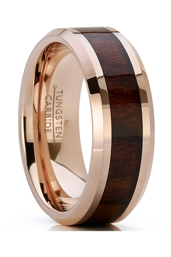 Mens Rosetone Tungsten Carbide Wedding Band Engagement Ring Wood Inlay Comfort-Fit 8mm 10