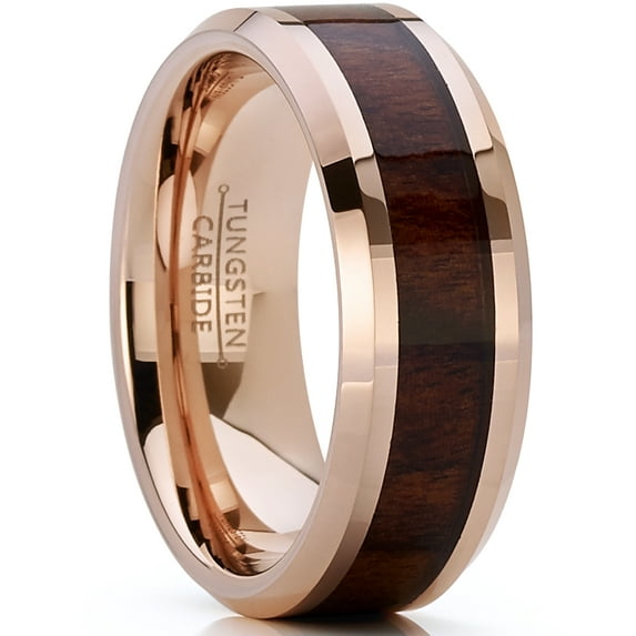 Metal Masters Mens Rosetone Tungsten Carbide Wedding Band Engagement Ring Wood Inlay Comfort-Fit 8mm 14