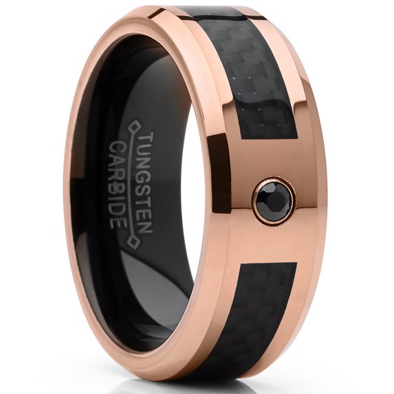 Metal Masters Mens Rosetone Tungsten Carbide Wedding Band Black Diamond Carbon Fiber Inlay 8mm 8.5