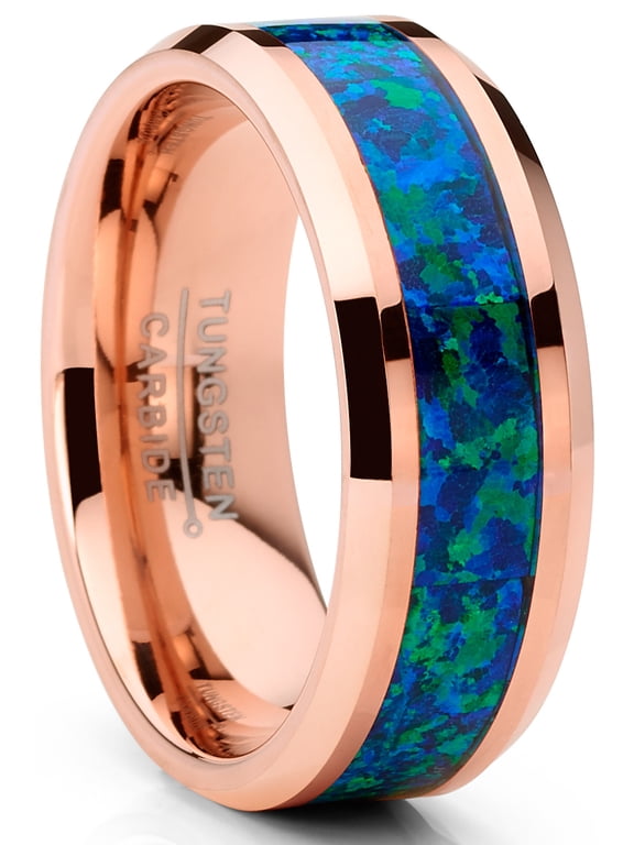 Mens Rosegold-tone Tungsten Carbide Wedding Band Ring Blue Green Opal Inlay 8mm Comfort-Fit