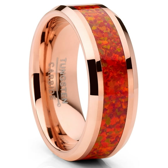 Metal Masters Mens Rosegold-tone Tungsten Carbide Wedding Band Ring Red Opal Inlay 8mm Comfort-Fit