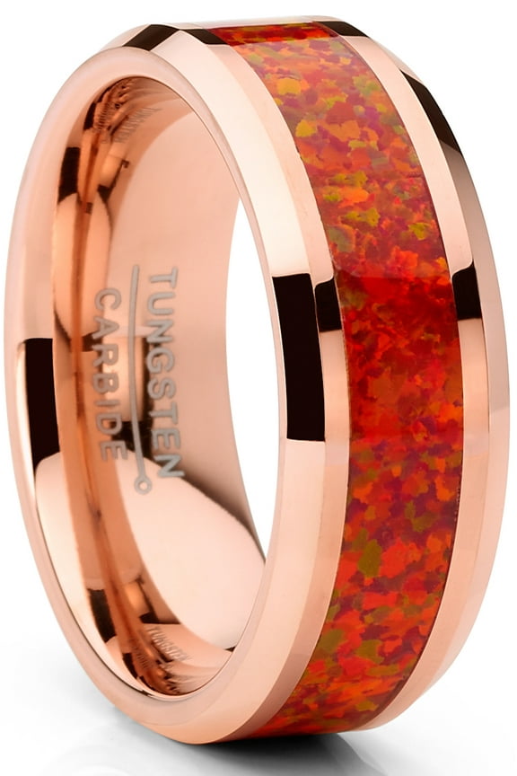 Mens Rosegold-tone Tungsten Carbide Wedding Band Ring Red Opal Inlay 8mm Comfort-Fit