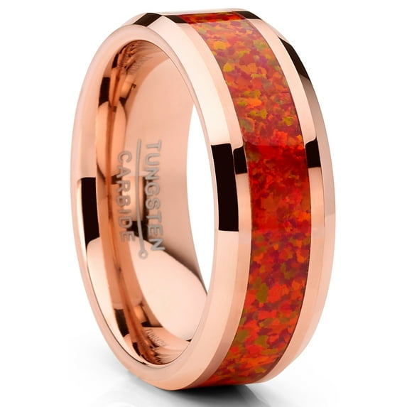 Metal Masters Mens Rosegold-tone Tungsten Carbide Wedding Band Ring Red Opal Inlay 8mm Comfort-Fit