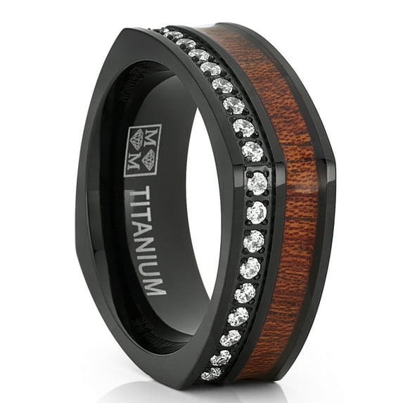 Metal Masters Mens Square Black Titanium Wedding Band Ring Cubic Zirconia Wood Inlay 8mm 15