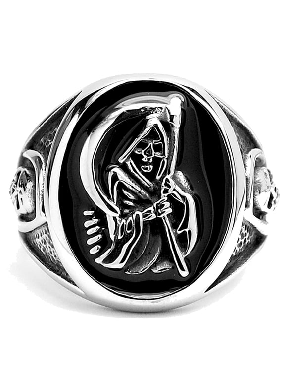 Mens Stainless Steel Casted Grim Reaper Ring Enamel