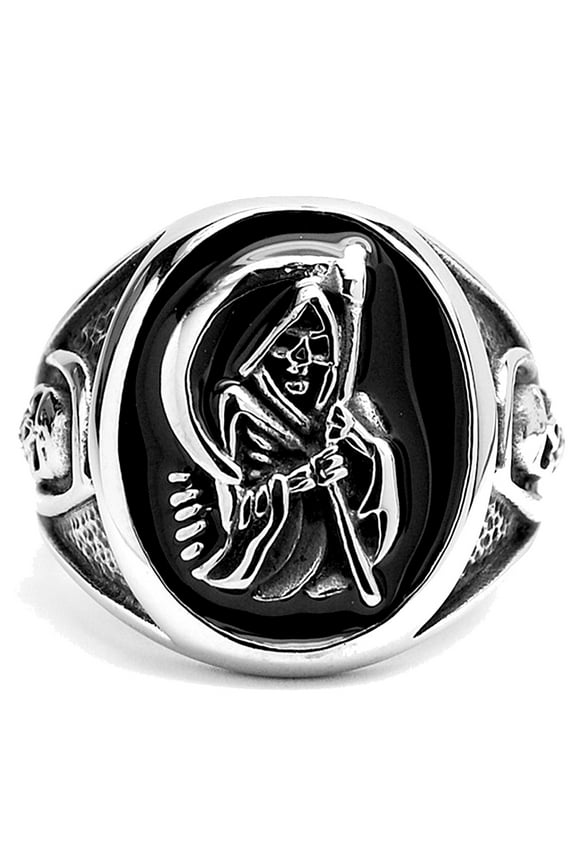 Mens Stainless Steel Casted Grim Reaper Ring Enamel