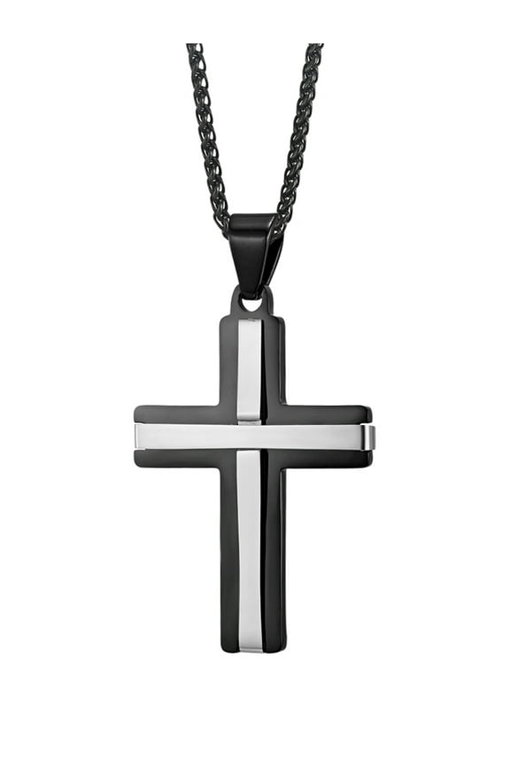Mens Stainless Steel Cross Pendant Necklace Two-Tone 24" Black Wheat Chain Included